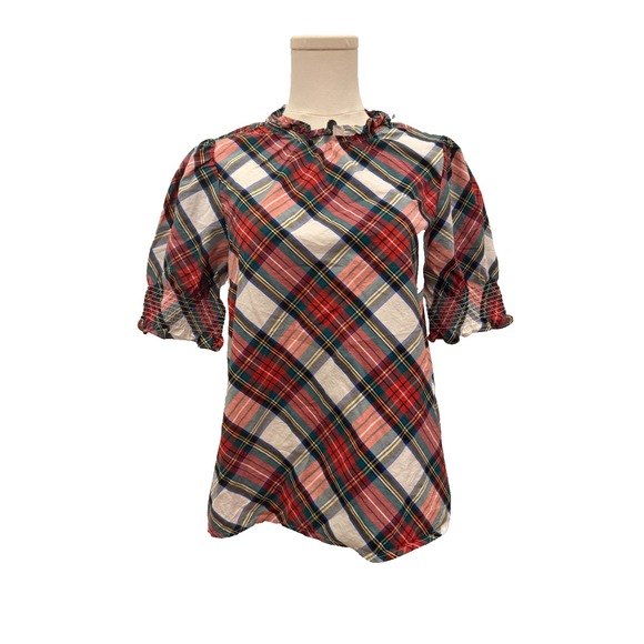 J. Crew Snowy Stewart Tartan Plaid Poplin Wm S Smocked Puff Sleeve Holiday Shirt - Picture 4 of 10